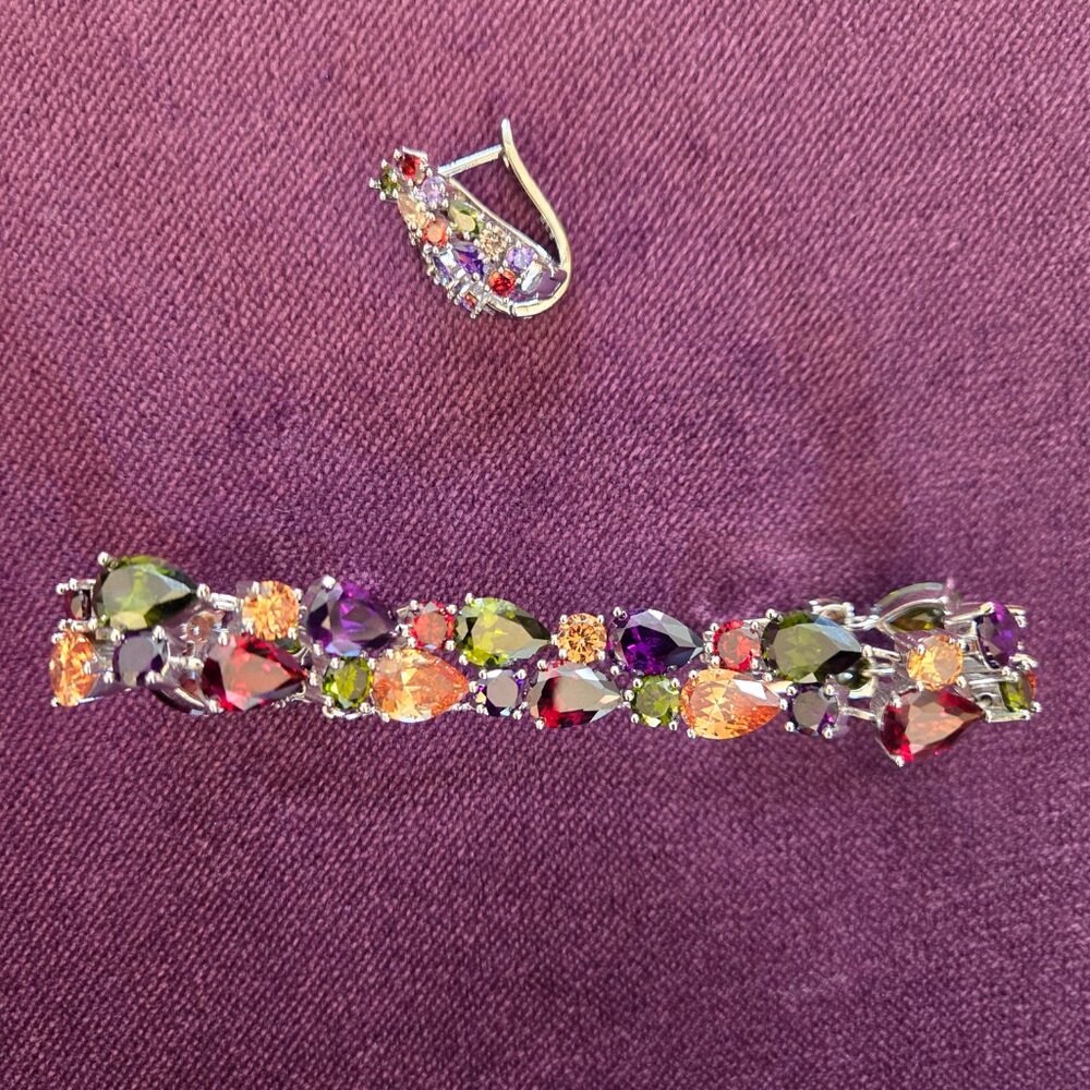 Heavy Silver Gemstone Bracelet & Matching Earrings